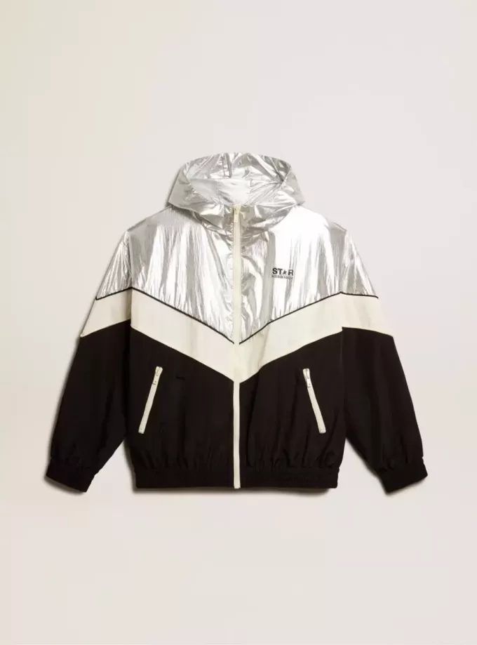 Herren-Windjacke aus silbernem und schwarzem Funktionsstoff