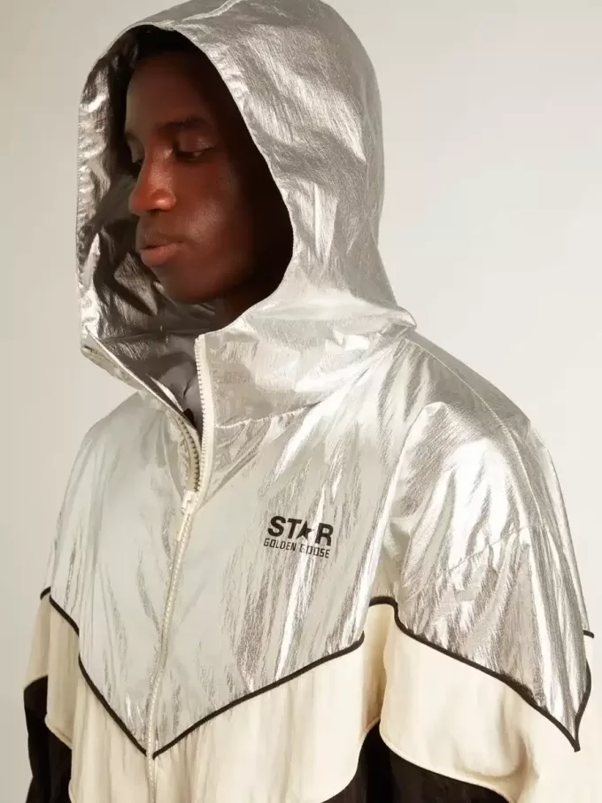 Herren-Windjacke aus silbernem und schwarzem Funktionsstoff
