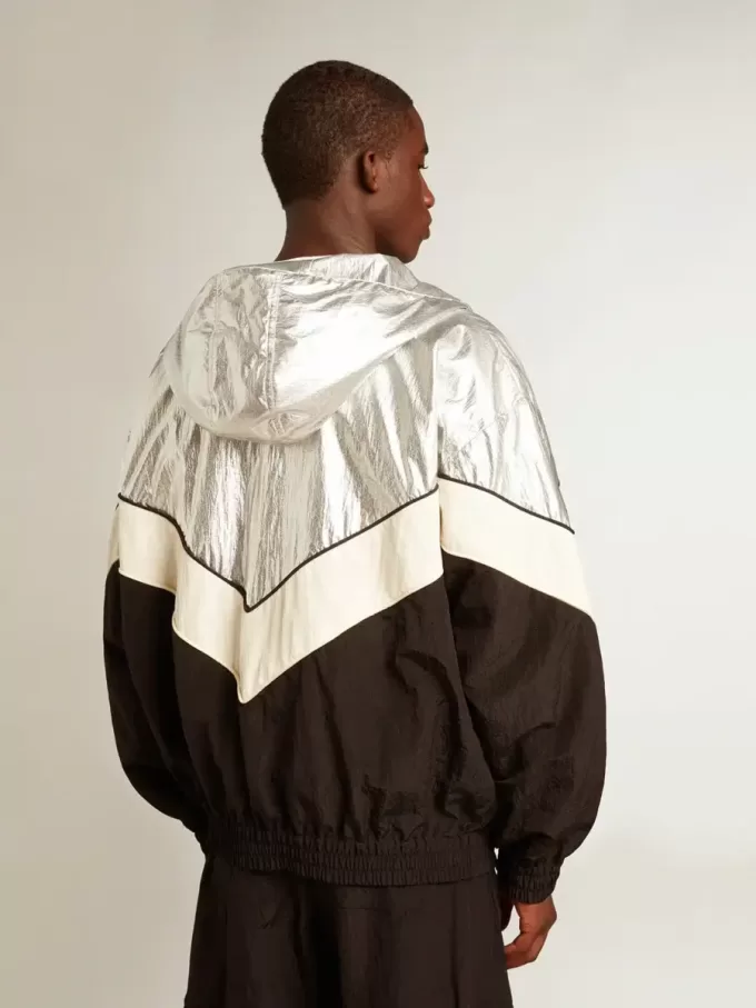 Herren-Windjacke aus silbernem und schwarzem Funktionsstoff