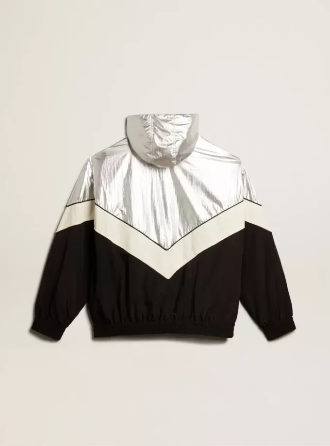 Herren-Windjacke aus silbernem und schwarzem Funktionsstoff
