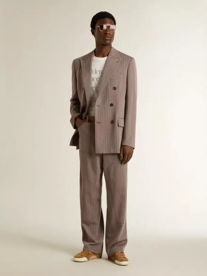 Herrenhose aus Wollmischung in Hellbraun mit Mikro-Chevron-Muster