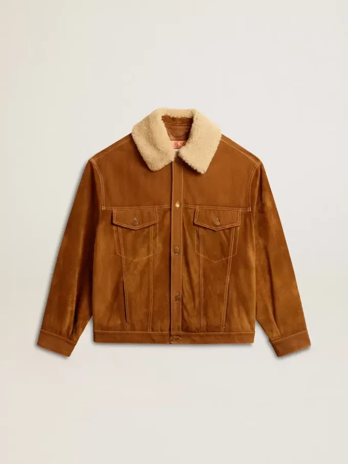 Herrenjacke aus tabakfarbenem Spaltleder mit Lammfellkragen Herrenjacke aus tabakfarbenem Spaltleder mit Lammfellkragen