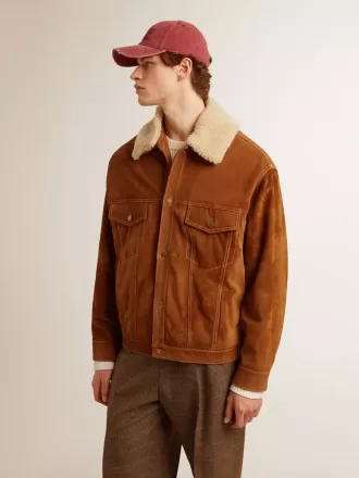 Herrenjacke aus tabakfarbenem Spaltleder mit Lammfellkragen