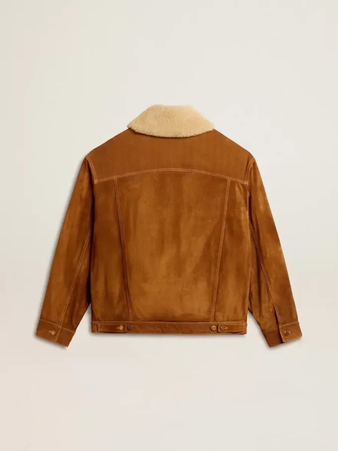 Herrenjacke aus tabakfarbenem Spaltleder mit Lammfellkragen Herrenjacke aus tabakfarbenem Spaltleder mit Lammfellkragen