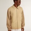 Herrenjacke aus travertinfarbenem Nubukleder mit Ärmeln und Rücken aus Wollmischung