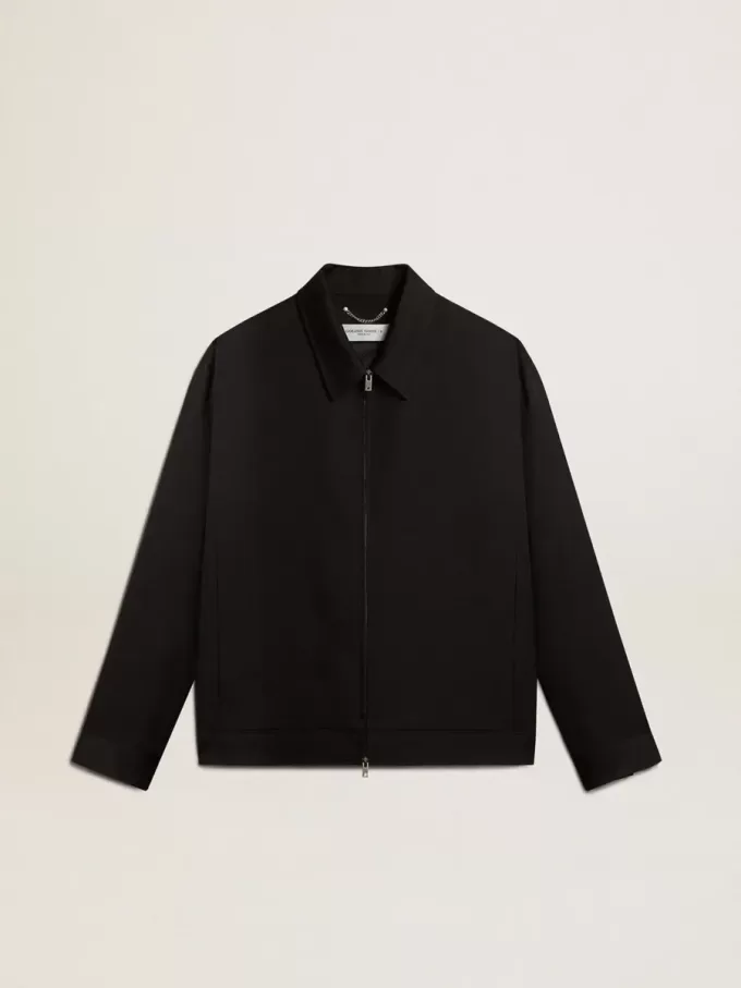Herrenjacke mit Reißverschluss aus schwarzer Wollgabardine