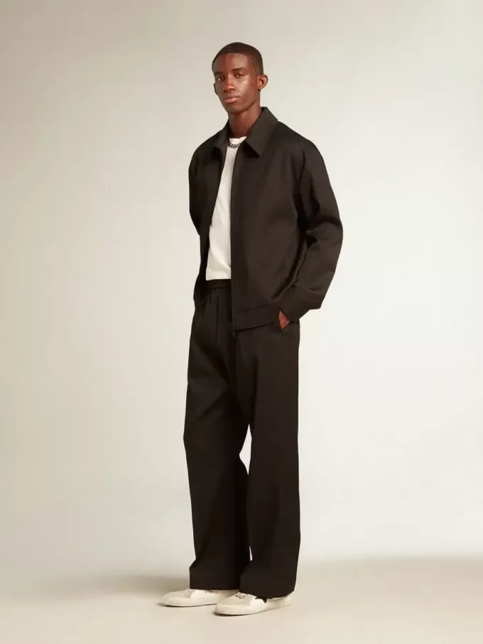 Herrenjacke mit Reißverschluss aus schwarzer Wollgabardine