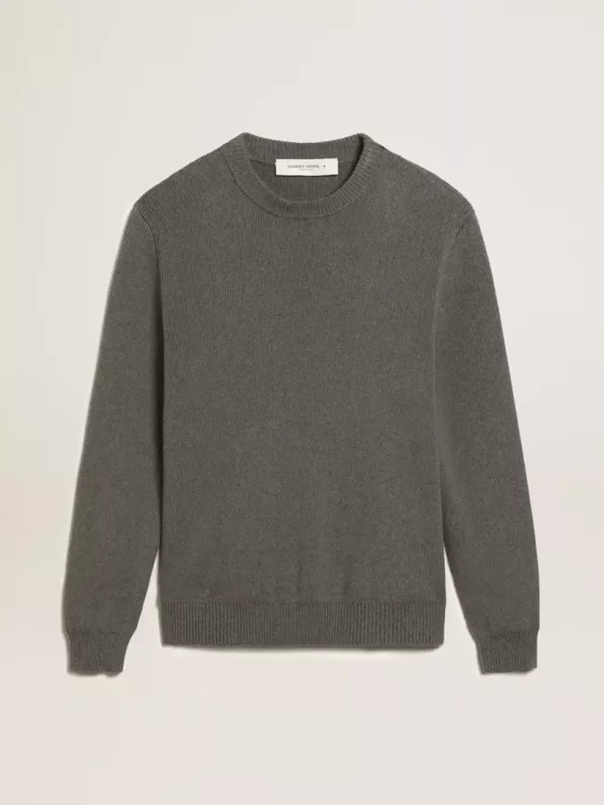 Herrenpullover mit Rundhalsausschnitt aus dunkelgrauer Baumwolle mit Logo auf der Rückseite