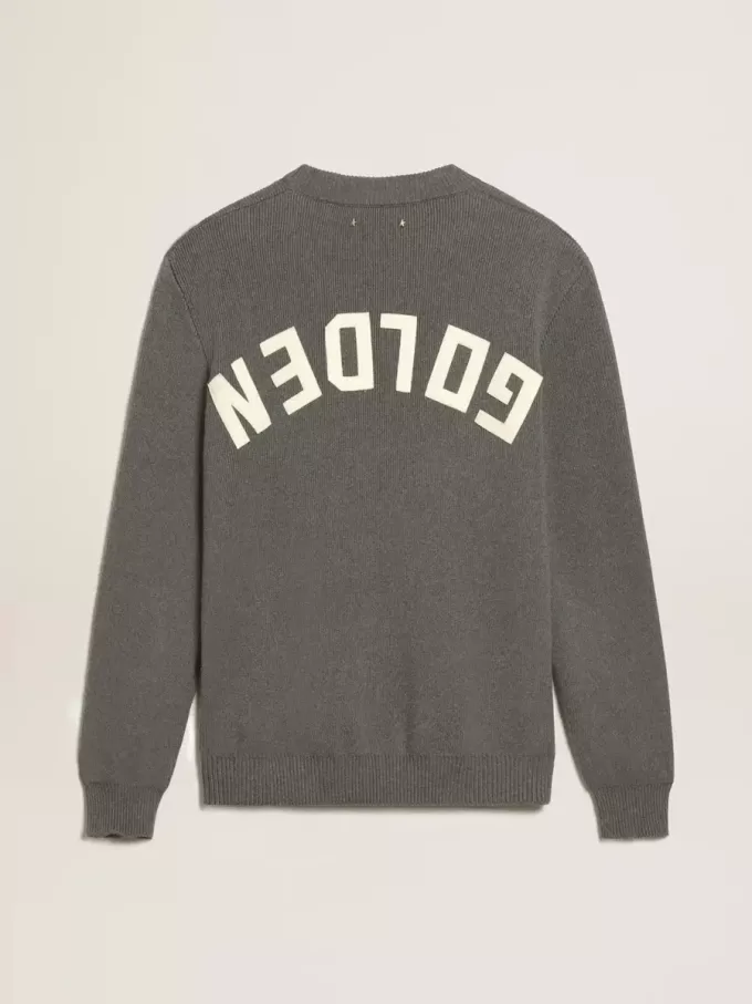 Herrenpullover mit Rundhalsausschnitt aus dunkelgrauer Baumwolle mit Logo auf der Rückseite