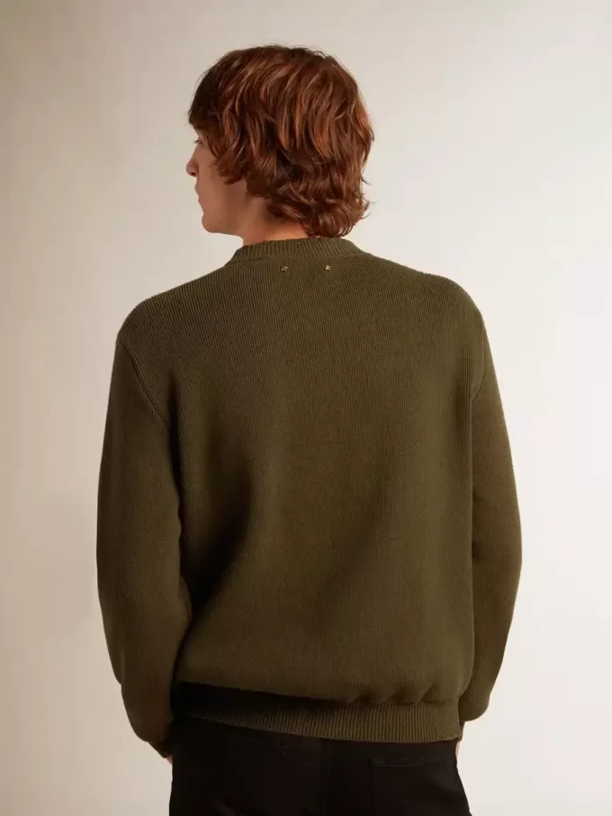 Herrenpullover mit Rundhalsausschnitt aus militärgrüner Baumwolle Herrenpullover mit Rundhalsausschnitt aus militärgrüner Baumwolle