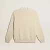 Herrenpullover mit Rundhalsausschnitt aus panamafarbener Baumwolle mit Logo auf der Rückseite Herrenpullover mit Rundhalsausschnitt aus panamafarbener Baumwolle mit Logo auf der Rückseite