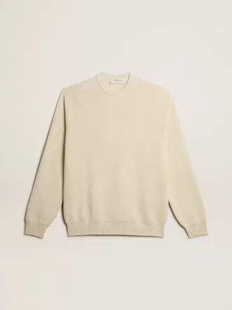 Herrenpullover mit Rundhalsausschnitt aus panamafarbener Baumwolle mit Logo auf der Rückseite