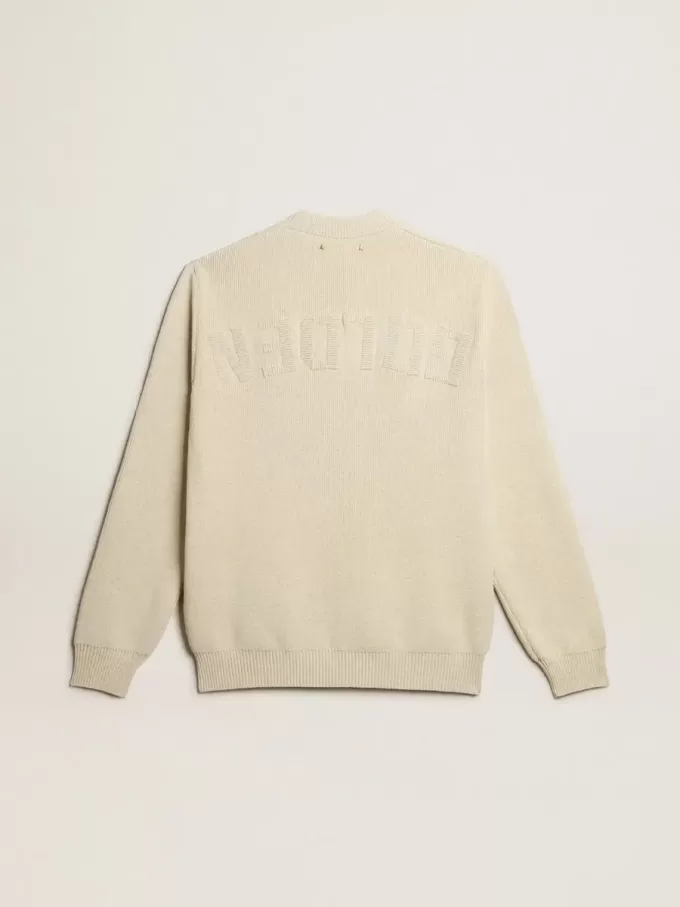 Herrenpullover mit Rundhalsausschnitt aus panamafarbener Baumwolle mit Logo auf der Rückseite Herrenpullover mit Rundhalsausschnitt aus panamafarbener Baumwolle mit Logo auf der Rückseite