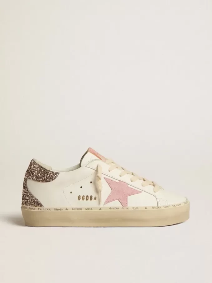 Hi Star aus weißem Leder mit rosa Wildlederstern und rosa Glitzer-Fersenlasche