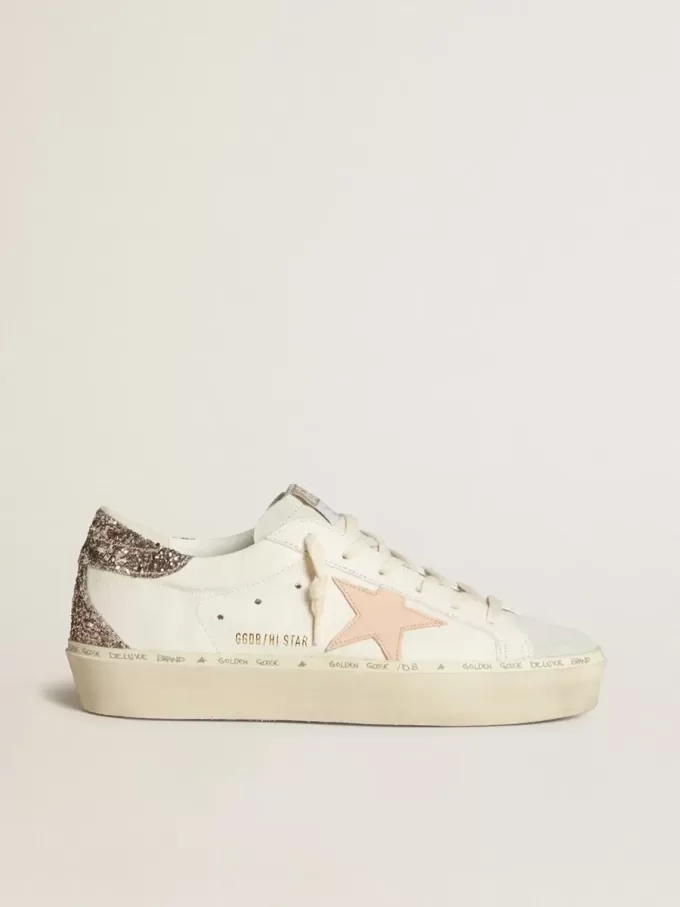 Hi Star aus weißem Nappaleder mit rosa Lederstern und glitzernder Fersenlasche Hi Star aus weißem Nappaleder mit rosa Lederstern und glitzernder Fersenlasche