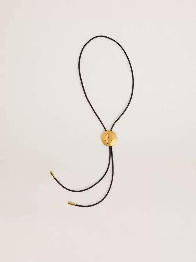 Jewelmates Bolo-Krawattenkette aus schwarzem Leder mit antikgoldenen Metalldetails