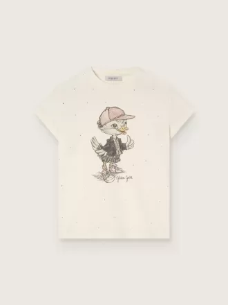 Journey T-Shirt für Mädchen aus weißem Baumwolljersey mit digitalem Maskottchen-Print und Kristallapplikationen