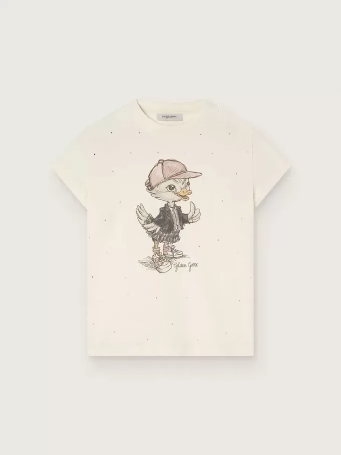 Journey T-Shirt für Mädchen aus weißem Baumwolljersey mit digitalem Maskottchen-Print und Kristallapplikationen