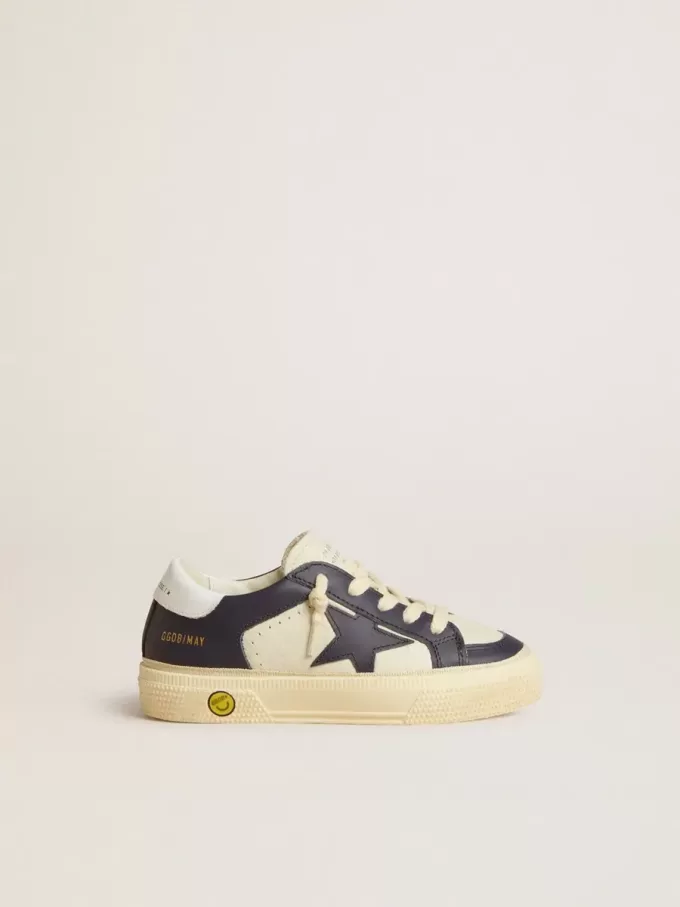 Junior May aus weißem und blauem Leder mit Lederstern und Fersenlasche Junior May aus weißem und blauem Leder mit Lederstern und Fersenlasche