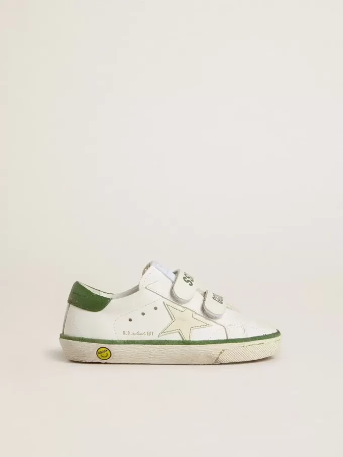 Junior Old School aus weißem Leder mit grüner Nappa-Fersenlasche und grünem Einsatz Junior Old School aus weißem Leder mit grüner Nappa-Fersenlasche und grünem Einsatz