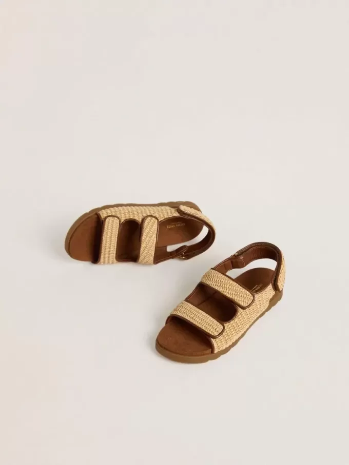 Junior-Sandalen „Noa” aus beigem Raffia und braunem Leder Junior-Sandalen „Noa” aus beigem Raffia und braunem Leder