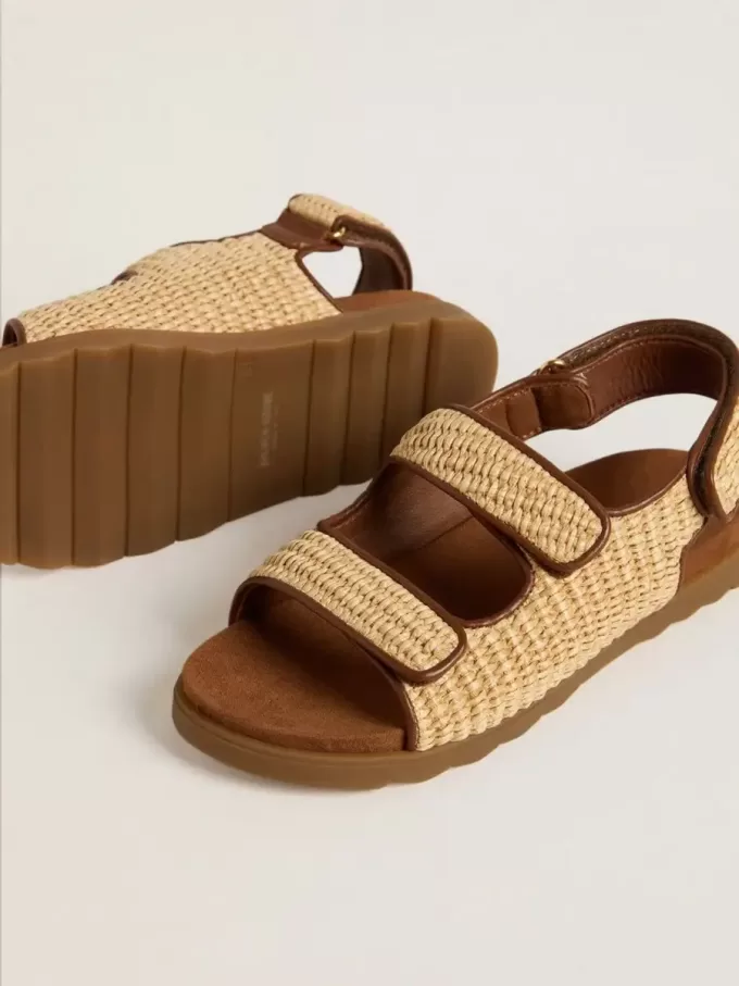 Junior-Sandalen „Noa” aus beigem Raffia und braunem Leder Junior-Sandalen „Noa” aus beigem Raffia und braunem Leder