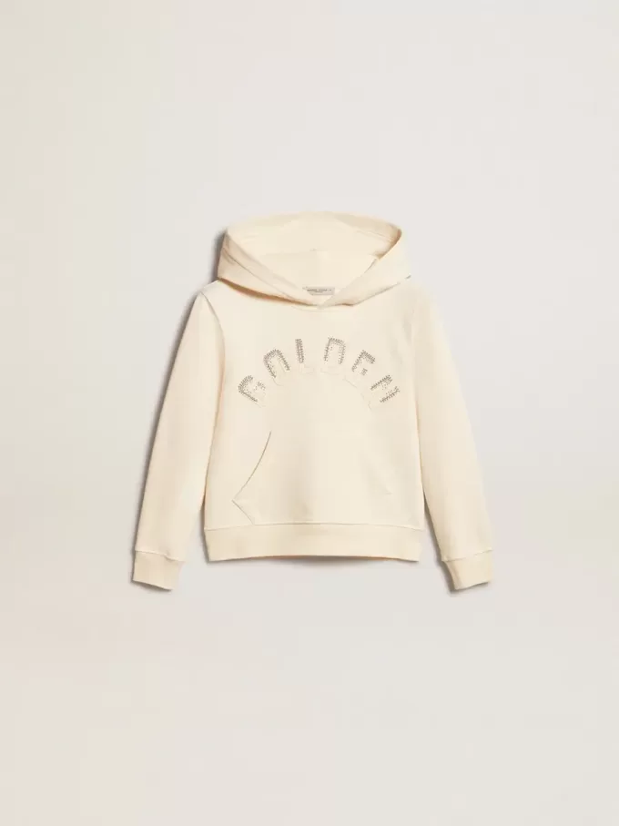 Kapuzensweatshirt in Altweiß mit Aufnähern