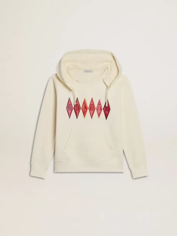 Kapuzensweatshirt in Used-Weiß mit goldener Stickerei auf der Vorderseite Kapuzensweatshirt in Used-Weiß mit goldener Stickerei auf der Vorderseite