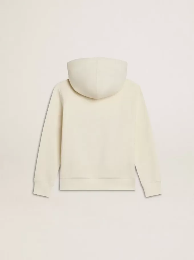 Kapuzensweatshirt in Used-Weiß mit goldener Stickerei auf der Vorderseite Kapuzensweatshirt in Used-Weiß mit goldener Stickerei auf der Vorderseite