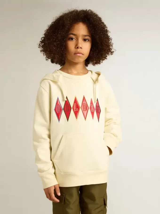 Kapuzensweatshirt in Used-Weiß mit goldener Stickerei auf der Vorderseite Kapuzensweatshirt in Used-Weiß mit goldener Stickerei auf der Vorderseite