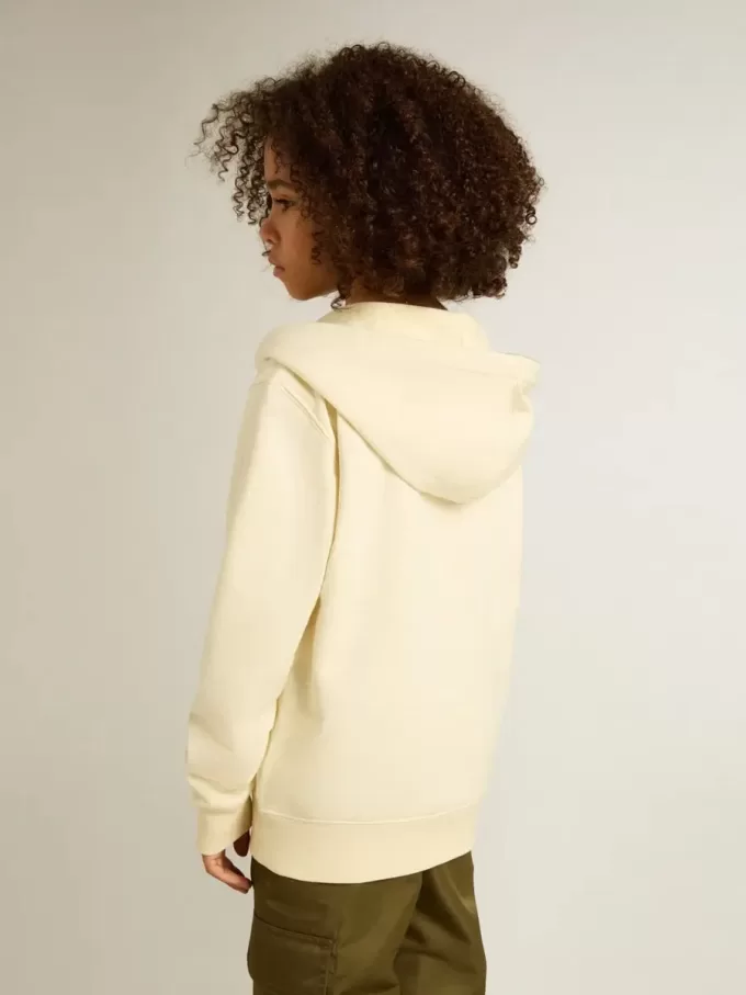 Kapuzensweatshirt in Used-Weiß mit goldener Stickerei auf der Vorderseite Kapuzensweatshirt in Used-Weiß mit goldener Stickerei auf der Vorderseite