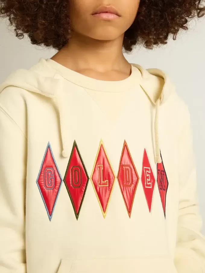 Kapuzensweatshirt in Used-Weiß mit goldener Stickerei auf der Vorderseite Kapuzensweatshirt in Used-Weiß mit goldener Stickerei auf der Vorderseite