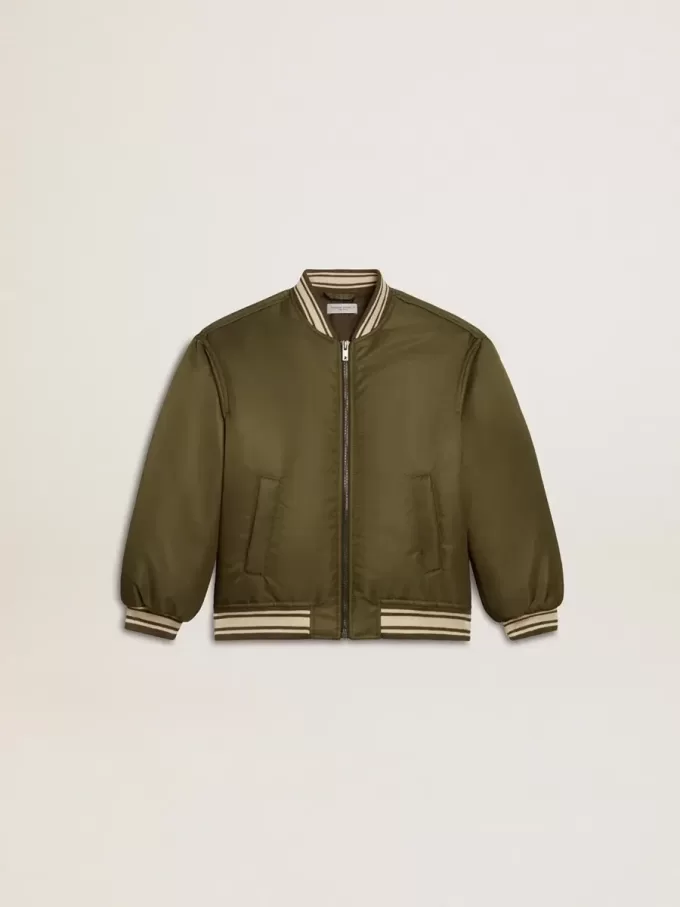 Kinder-Bomberjacke aus militärgrünem Nylon mit Schriftzug auf dem Rücken