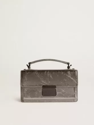 Kleine Venezia-Tasche aus anthrazitgrauem Metallic-Leder mit schwarzen Details