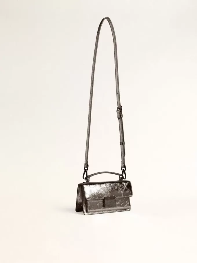 Kleine Venezia-Tasche aus anthrazitgrauem Metallic-Leder mit schwarzen Details