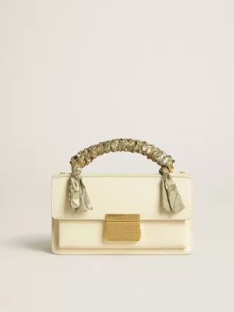 Kleine Venezia-Tasche aus butterfarbenem Leder mit geflochtenem Schal