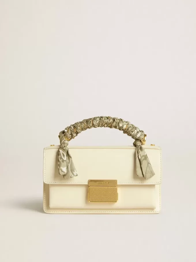 Kleine Venezia-Tasche aus butterfarbenem Leder mit geflochtenem Schal