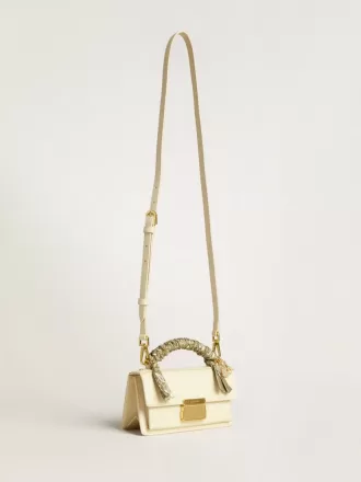 Kleine Venezia-Tasche aus butterfarbenem Leder mit geflochtenem Schal und doppeltem Anhänger
