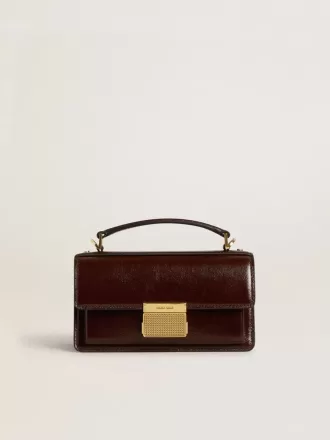 Kleine Venezia-Tasche aus dunkelbraunem laminiertem Leder mit goldenen Details