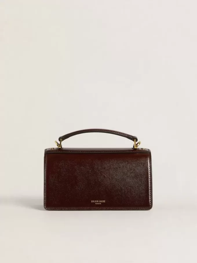 Kleine Venezia-Tasche aus dunkelbraunem laminiertem Leder mit goldenen Details