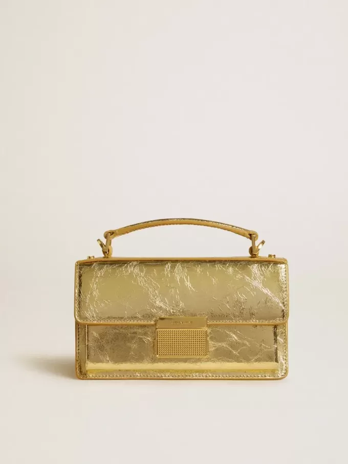 Kleine Venezia-Tasche aus goldfarbenem Metallic-Leder mit goldenen Details