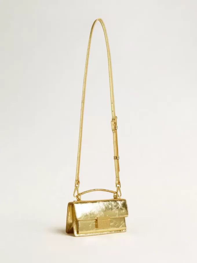 Kleine Venezia-Tasche aus goldfarbenem Metallic-Leder mit goldenen Details
