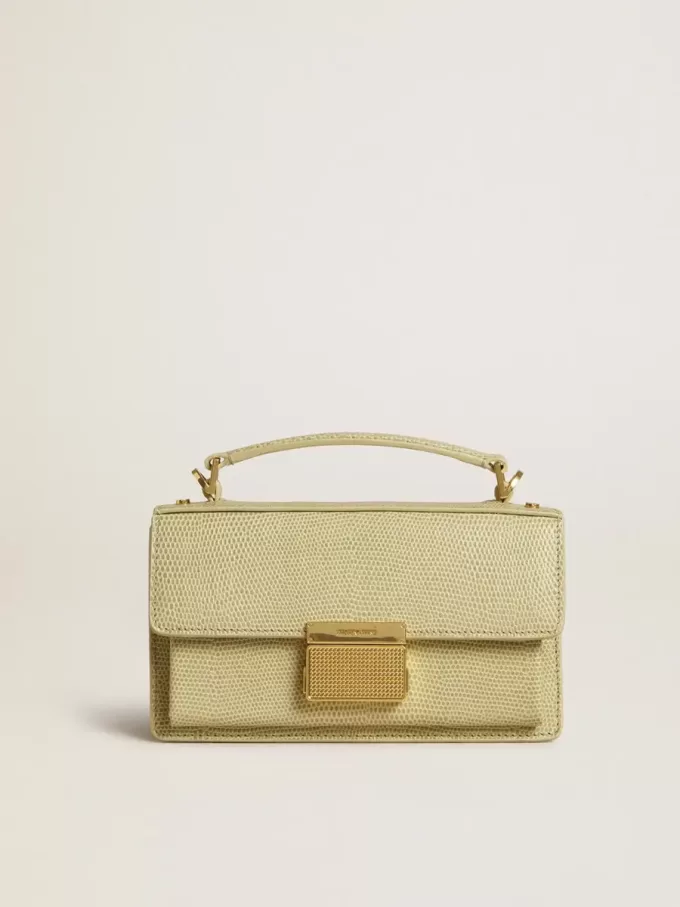 Kleine Venezia-Tasche aus hellgrünem Leder mit Python-Print und goldenen Details Kleine Venezia-Tasche aus hellgrünem Leder mit Python-Print und goldenen Details