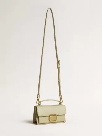 Kleine Venezia-Tasche aus hellgrünem Leder mit Python-Print und goldenen Details