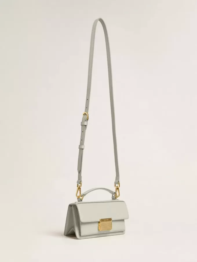 Kleine Venezia-Tasche aus mineralgrauem Leder mit Golddetails