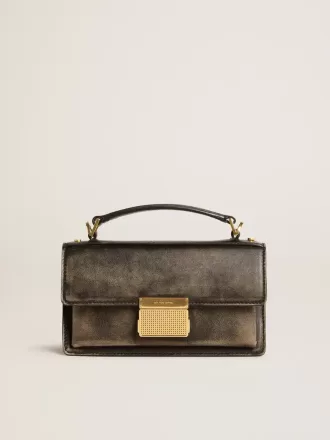 Kleine Venezia-Tasche aus schwarzem Distressed-Leder mit goldenen Details