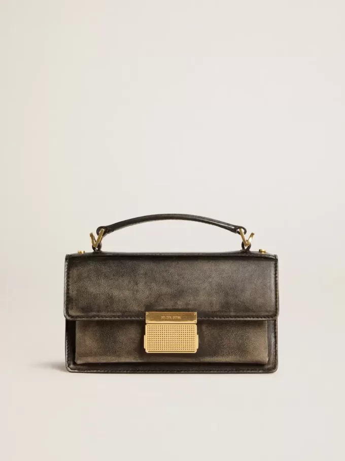 Kleine Venezia-Tasche aus schwarzem Distressed-Leder mit goldenen Details