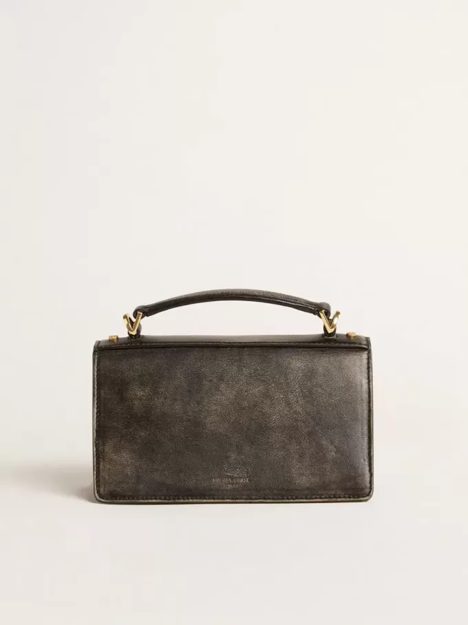 Kleine Venezia-Tasche aus schwarzem Distressed-Leder mit goldenen Details