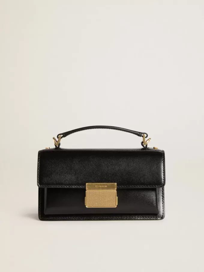 Kleine Venezia-Tasche aus schwarzem Leder mit Golddetails Kleine Venezia-Tasche aus schwarzem Leder mit Golddetails