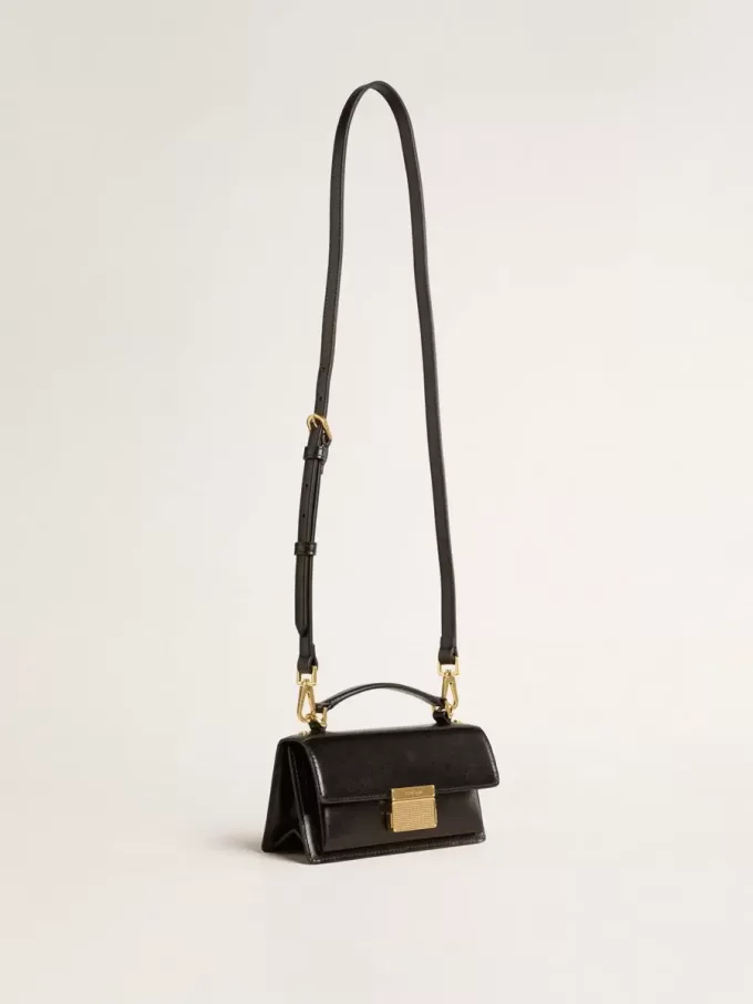 Kleine Venezia-Tasche aus schwarzem Leder mit Golddetails Kleine Venezia-Tasche aus schwarzem Leder mit Golddetails